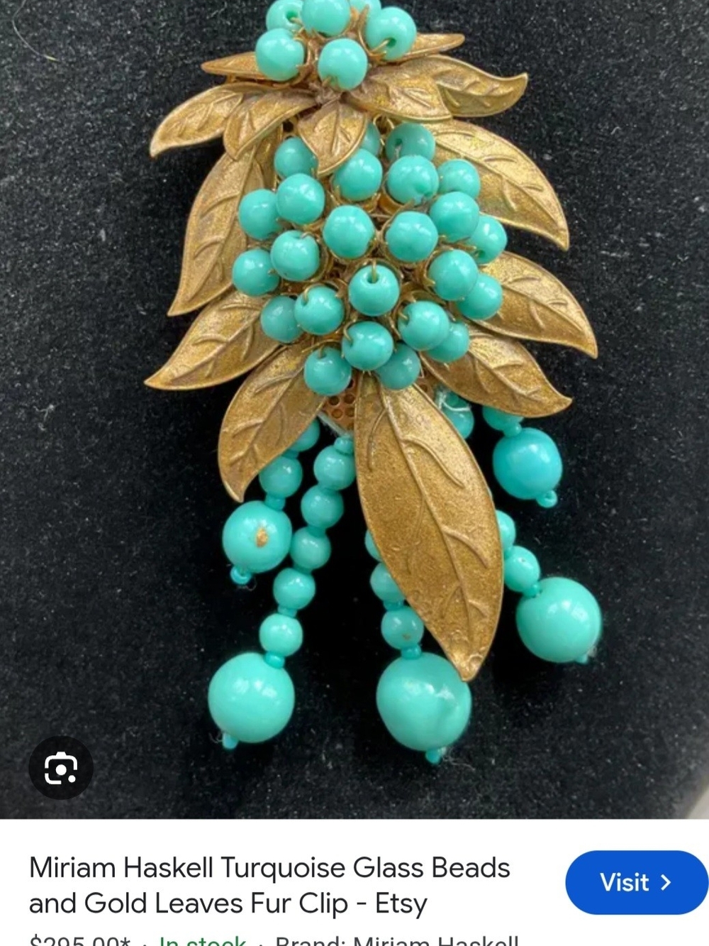 Miriam Haskell Turquoise Bead and Gold Leaf Brooch